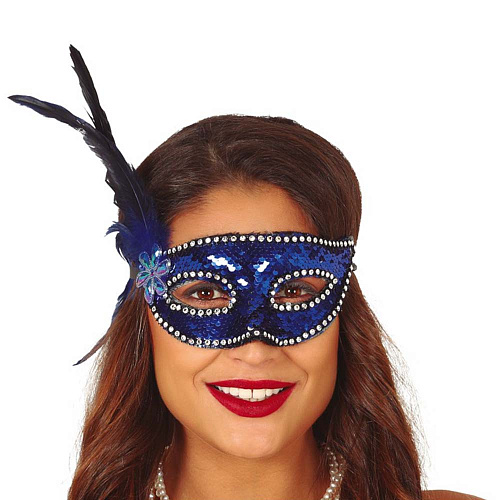 Синяя венецианская маска с перьями 